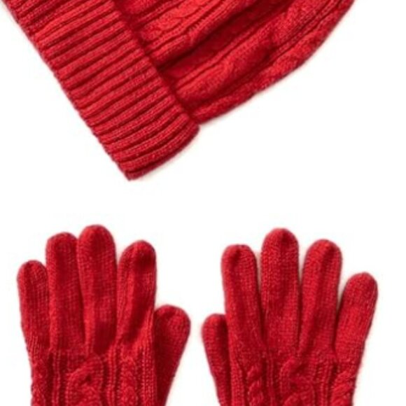 PACKAGE NEVER OPENED - Red Merino Wool Cable-Knit Hat/Gloves Set in Gift Box - Picture 2 of 5